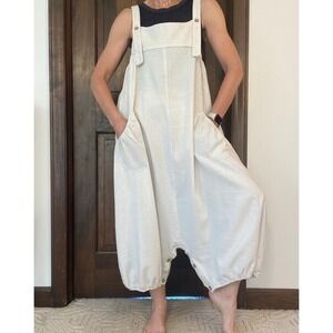 Cream Linen Harem Overalls Boho Drop Crotch Jumpsuit Bib Dungarees Medium